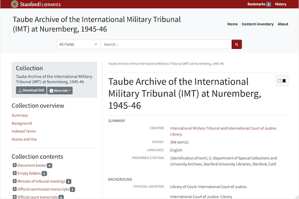 Content inventory page of the Taube Archive of the International Military Tribunal (IMT) at Nuremberg, 1945-46 website